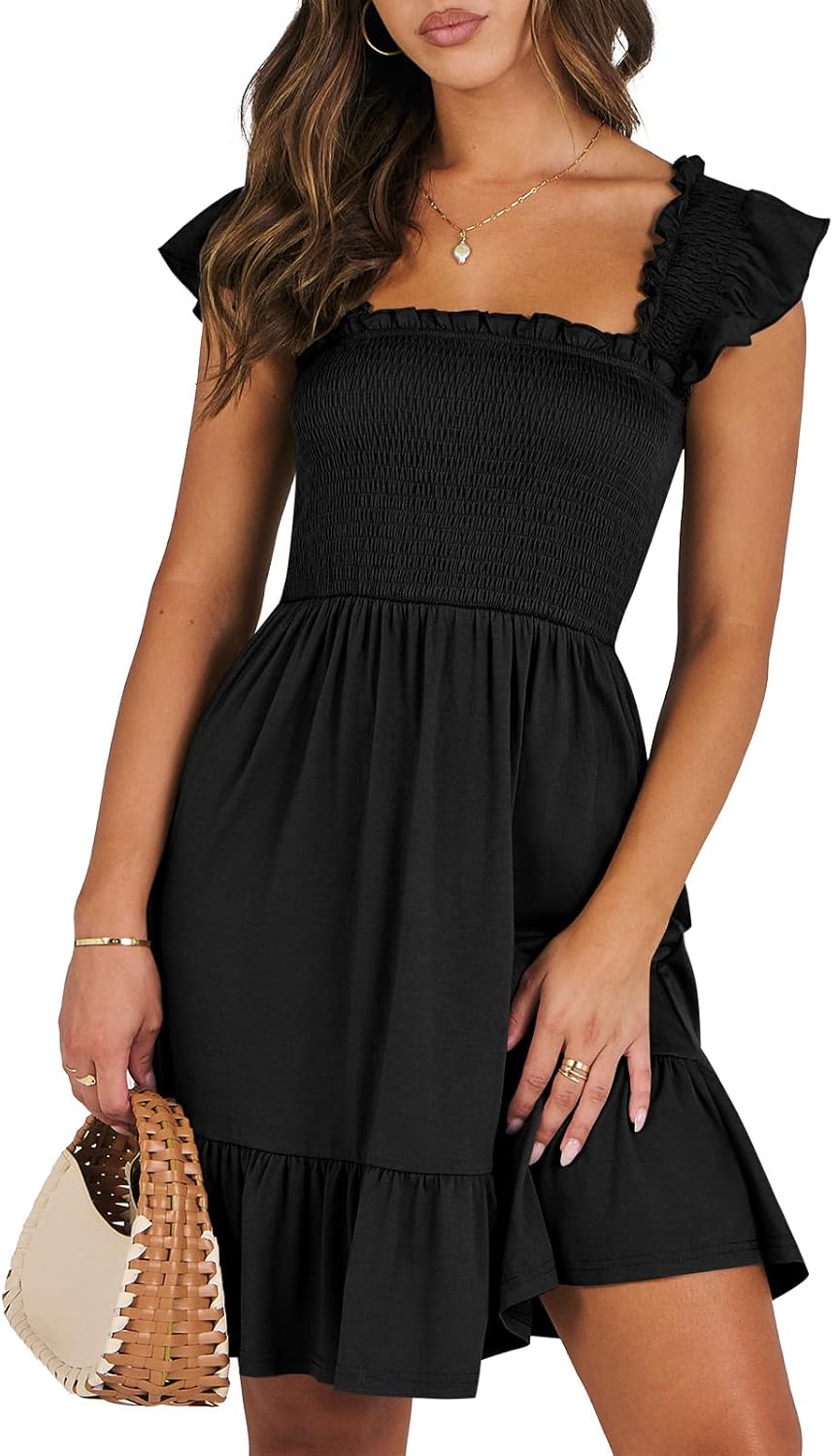 women Summer Casual Sleeveless Square Neck Dress 2025 Smocked Ruffle Backless Boho Beach Cute Teen Short Sundress